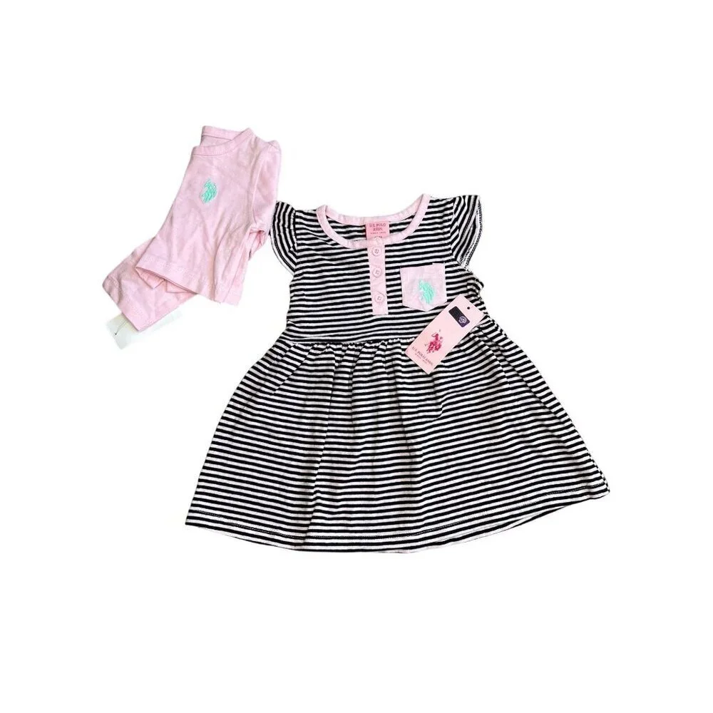 U.S. Polo Assn. Baby Girl's 2-Piece Dress Set Pink Cardigan Striped Dress 12M